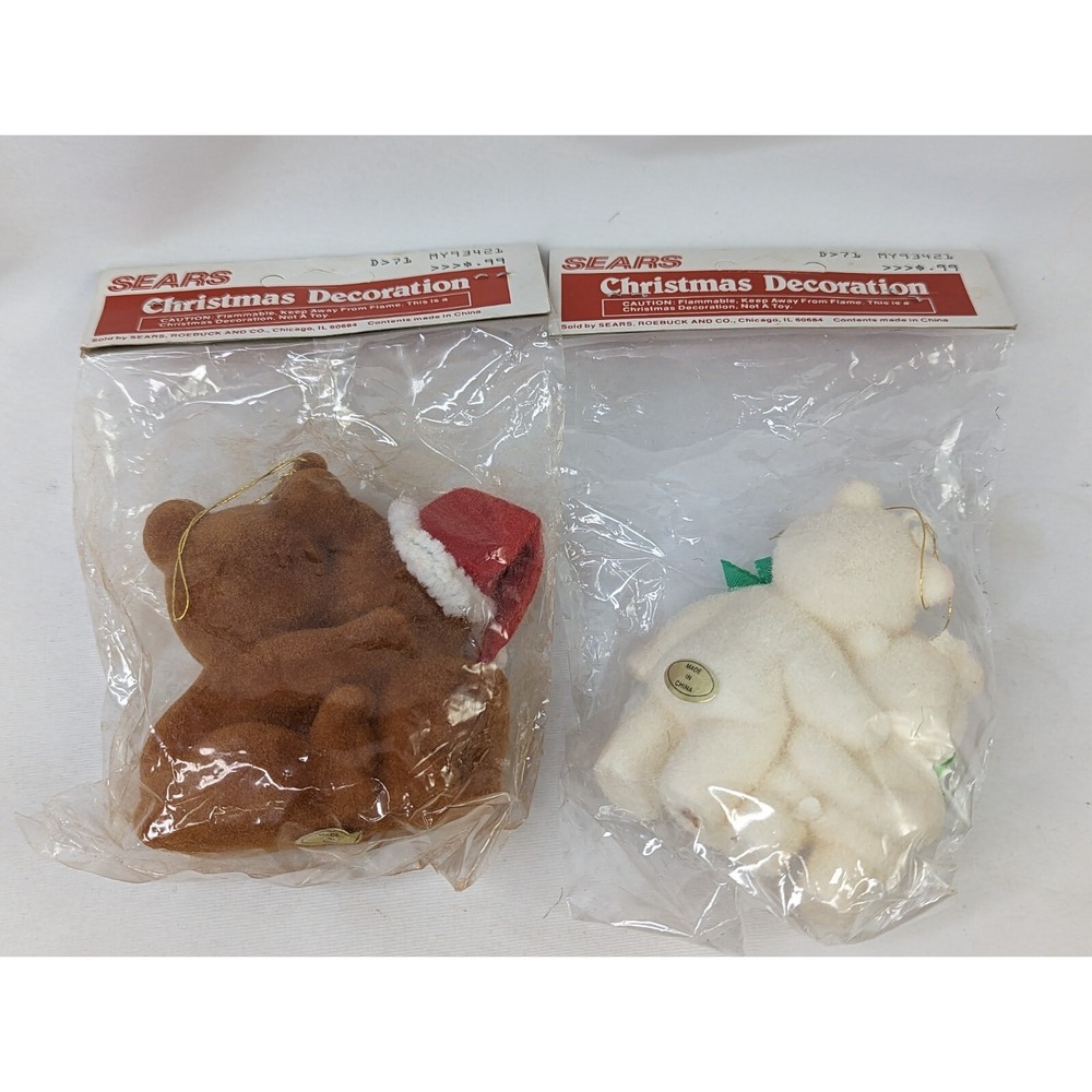 Sears Christmas Ornament Flocked Bears Lot of 2 White Brown a - Picture 5 of 6